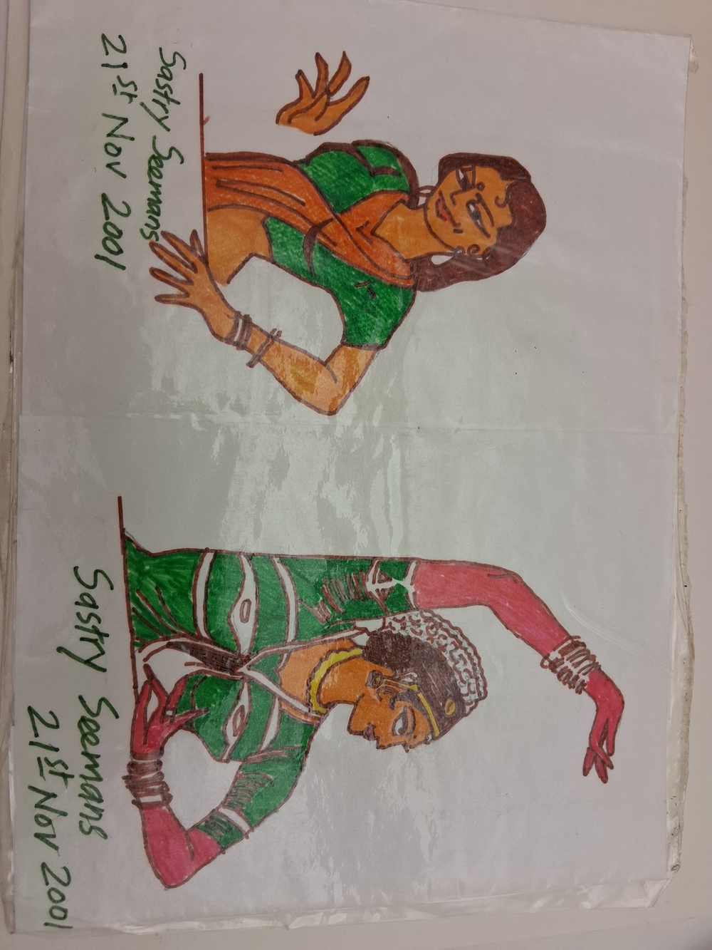 Hand-Drawn Indian Dance Art Print in Green and Pink